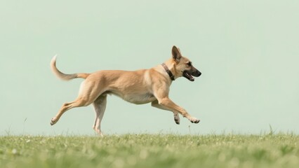 A puppy runs merrily on the green grass, showing agile vitality and a sense of freedom.