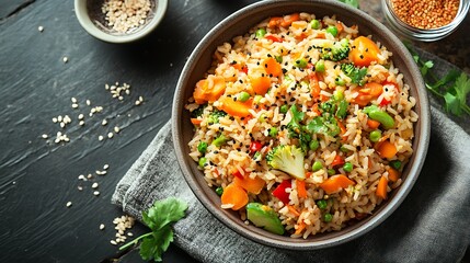 Elevated of meal of bowl of special fried rice with mixed vegetables