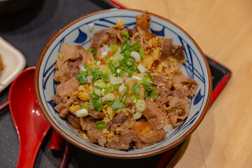 Bowl of Japanese gyudon beef rice, topped with thinly sliced simmered beef, tempura bits, scallions, and onions served in a traditional patterned bowl