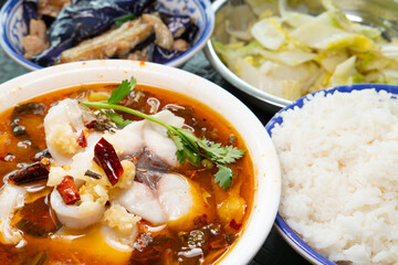 angle view fast food of spicy boiled fish and vegetable and eggplant at horizontal composition