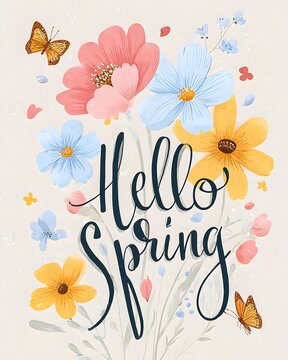 Colorful floral arrangement celebrates hello spring with butterflies in a cheerful garden design