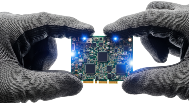 Dark grey industrial gloves grasping a miniature green pcb with glowing components on a transparent background with copy space. Concept of engineering precision