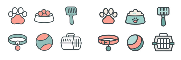 Icons depicting pet supplies and accessories for animal care