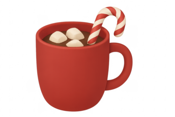 Red mug with hot chocolate, marshmallows and candy cane on transparent background