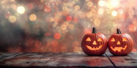 Pumpkins on a wooden table halloween glowing carved.