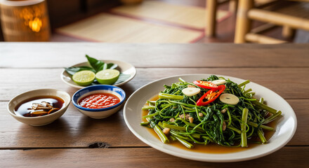 A Meal of Stir Fried Morning Glory with Side Sauces and Lime
