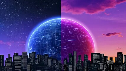 Futuristic cityscape at dusk with glowing digital sphere - Powered by Adobe