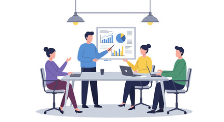 A focused team of business professionals collaborates in a modern office meeting, analyzing data on a whiteboard to strategize and achieve project goals.