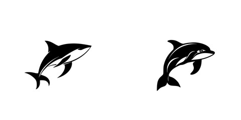 Stylized shark and dolphin illustrations representing marine life and aquatic themes