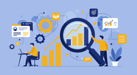 This vibrant illustration showcases a dedicated team meticulously analyzing crucial business data and market trends to achieve strategic growth and financial success.