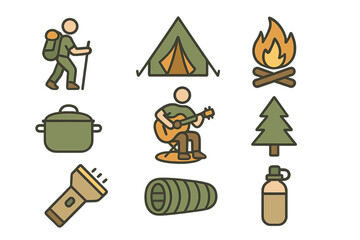 Camping and hiking icon set. Outdoor adventure and summer camp equipment. Vector collection with tent, campfire, hiker, guitar, sleeping bag, and flashlight for trekking.
