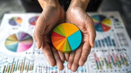 Close-up of hands holding a colorful pie chart on a grey backgro