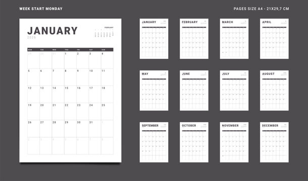 2026 Calendar Planner Set of new Template 12 Monthly Page for Corporate or Personal use. Vector layout grid vertical of wall or desk organizer with week start Monday for print. Pages size A4-21x29.7 - Powered by Adobe