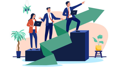 An optimistic business team of professional businesspeople moving towards a positive future, following an upward trend as a symbol of progress, corporate management, and success, flat design vector