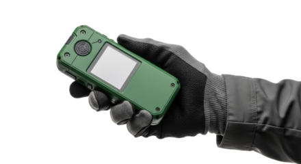Strong gloved hand holding rugged forest green satellite communication device, monochrome screen, isolated on white background, copy space. Concept of remote connectivity
