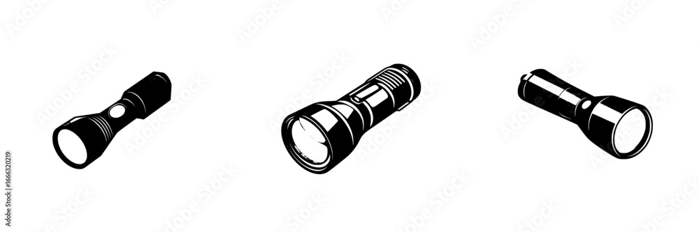 Poster different types of flashlights displayed in a row for comparison in a darkened setting