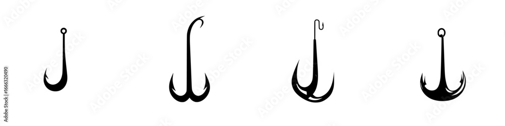Poster different styles of fishing hooks displayed in a row showcasing various designs and sizes for angler