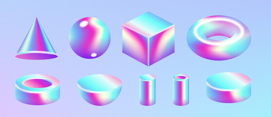 3d holographic geometric primitive shape set . Realistic 3d sphere, torus, cube, tube. Glossy holographic geometric shapes. Iridescent trendy design, thin film effect. Vector