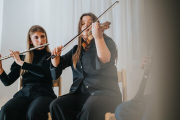 A group of women musicians skillfully playing flute, violin, and clarinet during a performance. They are seated and wearing formal attire, deeply focused on their harmonized music. © qunica.com
