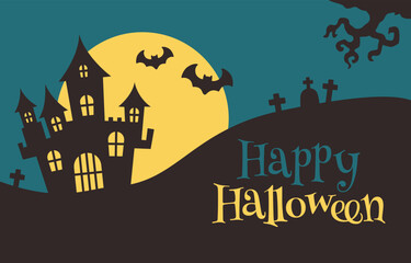 Happy Halloween Haunted House with Bats and Yellow Moon