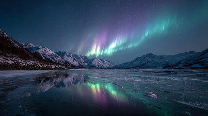 Naklejka premium Vibrant northern lights illuminate snowy mountains reflected in icy water at night