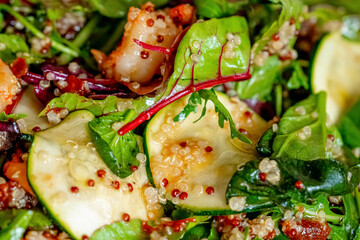 Shrimp salad with various vegetables, close-up on a wooden dining table