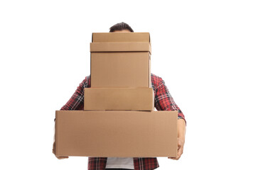 Man holding a tall pile of cardboard boxes