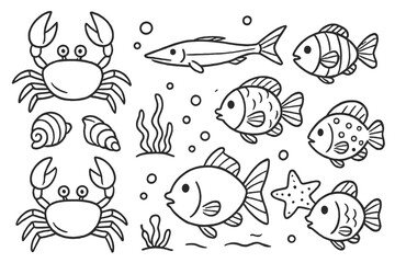 Underwater marine life sketch featuring various sea creatures like crabs, fish, shellfish, starfish in artistic cartoon style, vector illustration with transparent background