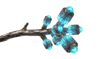 Hyperrealistic macro shot of a gnarled, metallic conduit with bioluminescent cyan circuit board growths pulsating, isolated on a transparent background, concept of forgotten alien technology