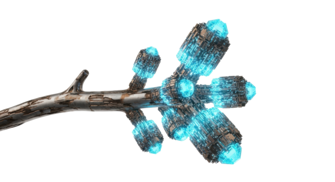 Hyperrealistic macro shot of a gnarled, metallic conduit with bioluminescent cyan circuit board growths pulsating, isolated on a transparent background, concept of forgotten alien technology - Powered by Adobe