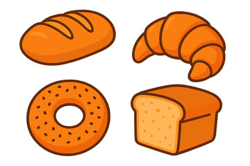 Variety of baked goods including bread, croissant, bagel, and loaf in colorful vector cartoon style with transparent background, bakery food icons, fresh pastry illustrations