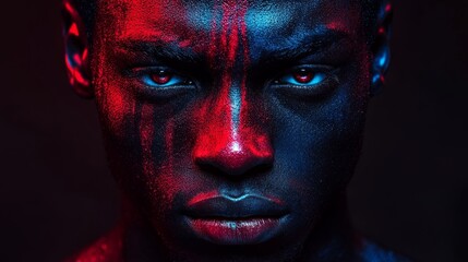 A young man's intense gaze, framed by vibrant body paint, radiates deep emotion against a dark backdrop