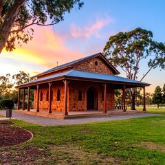 Naklejka premium A tranquil stone chapel stands amidst a parkland setting, bathed in the warm hues of a sunset.