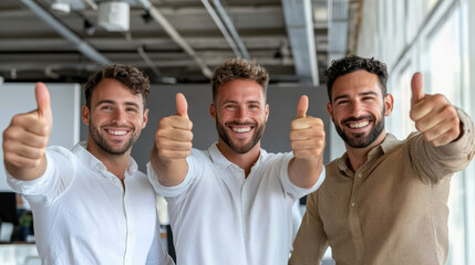 Confident business team giving thumbs up modern office setting, showcasing teamwork