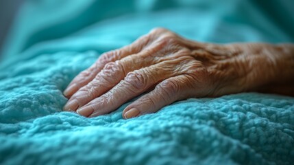 Fototapeta premium An elderly hand rests tenderly on a plush turquoise blanket, conveying warmth and serenity in a calm indoor setting