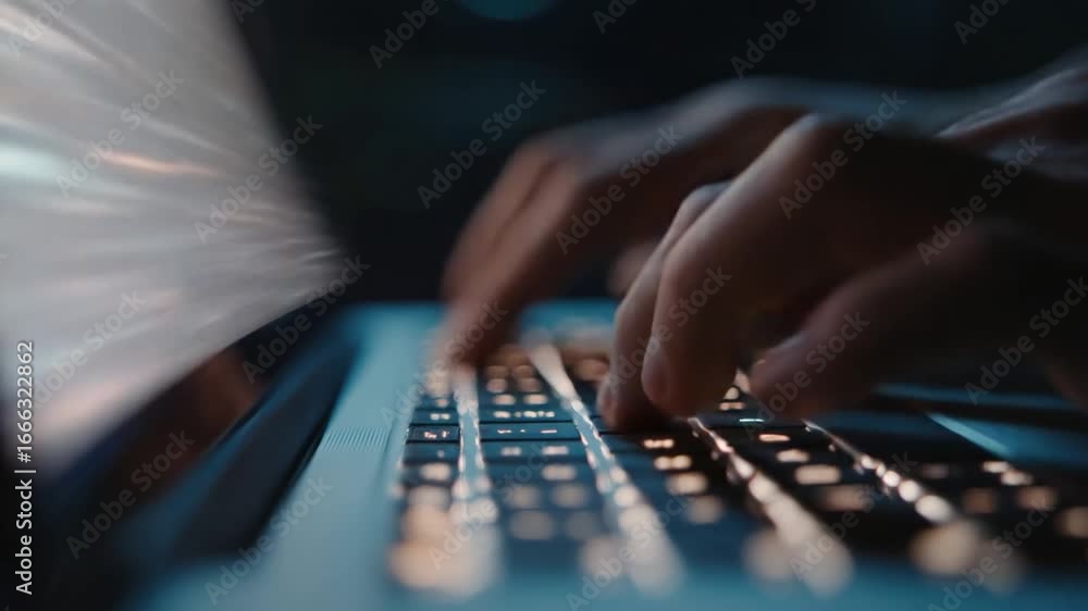 Poster coding in the shadows: focused shot of human hands typing furiously on a laptop keyboard, illustrati