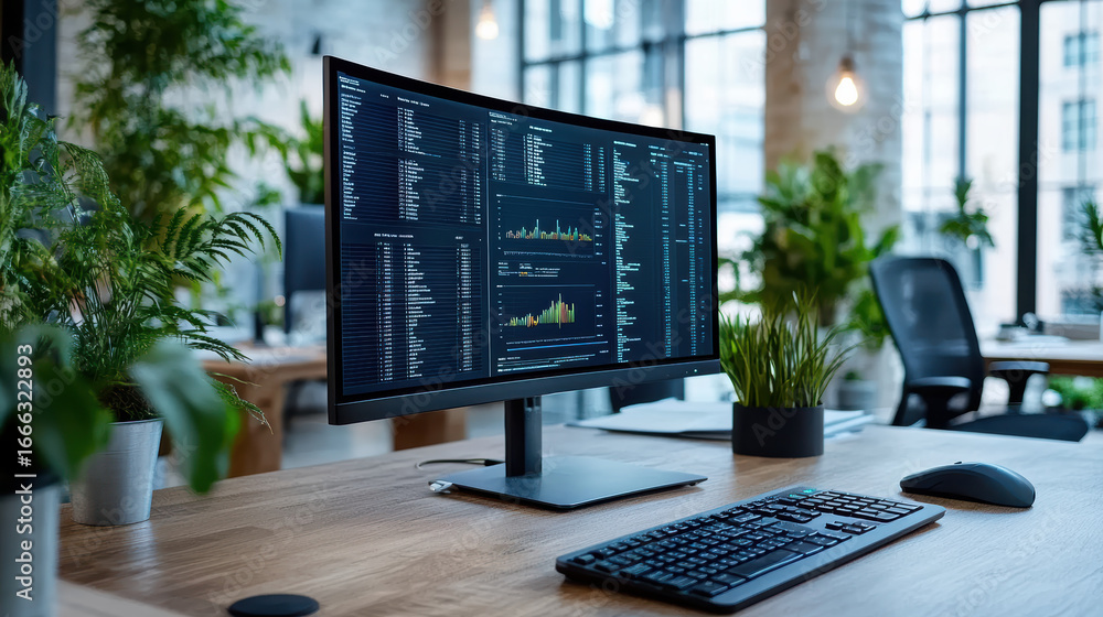 Poster modern office setup featuring sleek monitor displaying data analytics, surrounded by greenery