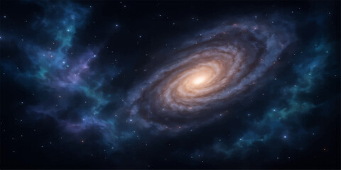 Fototapeta premium An abstract, deep blue cosmos with a bright spiral galaxy and starry night sky