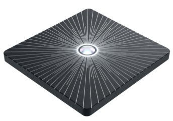 Dark charcoal gray anodized aluminum panel with laser-etched luminous silver lines radiating from a glowing holographic core, against a transparent background, concept of advanced technology.
