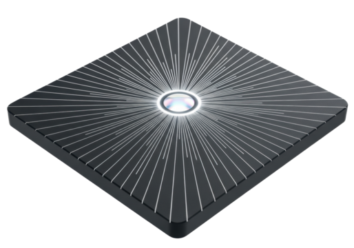 Dark charcoal gray anodized aluminum panel with laser-etched luminous silver lines radiating from a glowing holographic core, against a transparent background, concept of advanced technology.