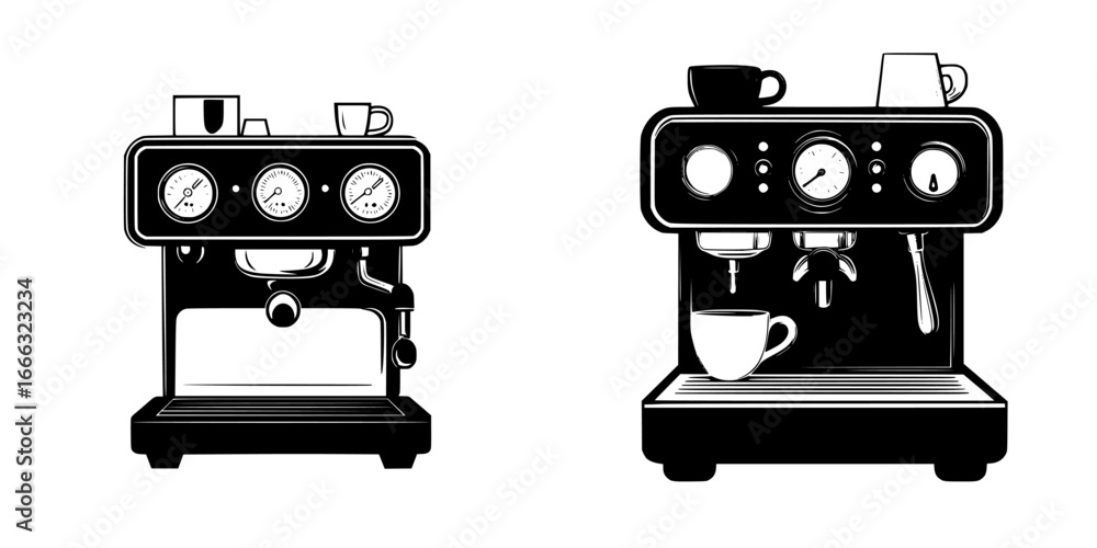 Poster espresso machines display different features and designs in a modern kitchen setting