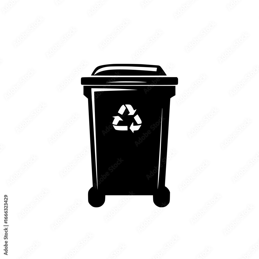 Poster black recycling bin with a symbol in a minimalist design located in an urban setting