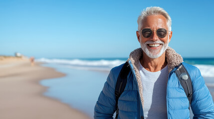 Smiling senior man wearing sunglasses and blue jacket enjoys sunny beach day