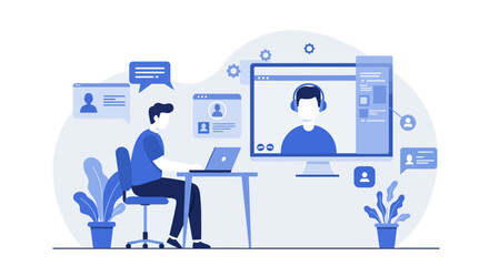 A dedicated professional actively engages in a productive virtual online meeting, collaborating seamlessly with remote colleagues using modern digital communication tools.