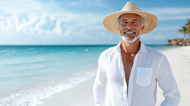 Smiling senior man wearing straw hat stands on beach, enjoying sunny day