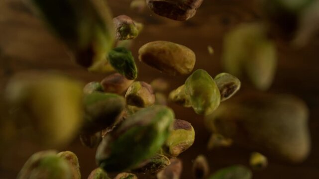 Super Slow Motion Shot of Peeled Pistachio Nuts Falling Around Camera at 1000fps.