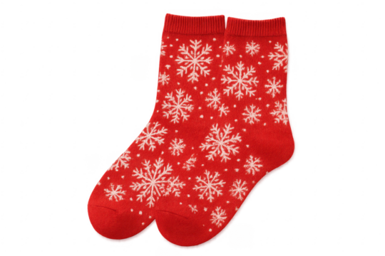 Red christmas socks with snowflakes pattern on transparent background