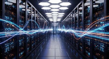 Data center servers with dynamic flowing light trails show powerful network speed