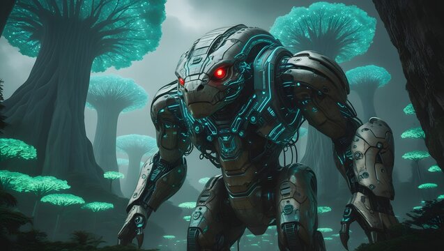Menacing reptile cyborg patrolling alien landscape