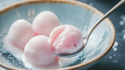 Enjoying a dessert of mochi ice cream scooping a bite a spoon